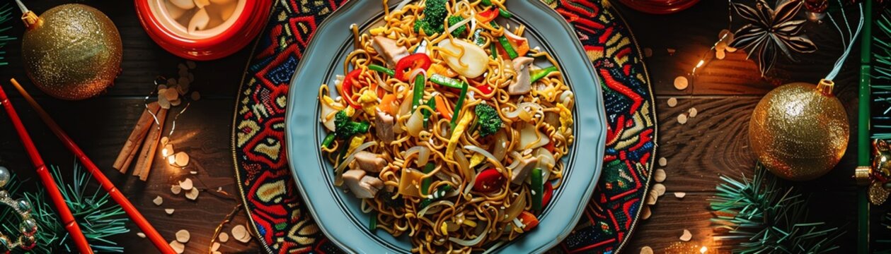 Filipino pancit canton with stirfried egg noodles, vegetables, and pork, served on a festive table with traditional Filipino decorations