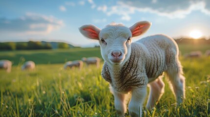 Obraz premium A cute fluffy lamb standing in a field of green grass with other sheep in the background. The sun is setting behind the hills.