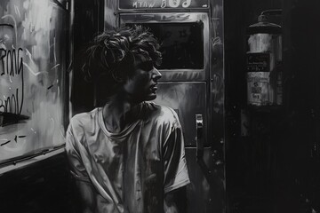 Young man in urban setting, monochrome painting, leaning against subway door, contemplative