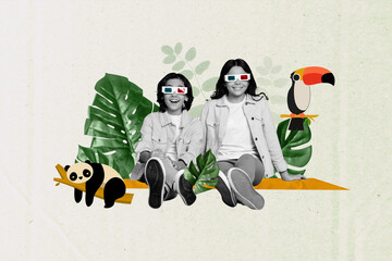Composite collage image of watch 3d glasses movie funny couple little kids enjoy nature jungle zoo bizarre unusual fantasy billboard © deagreez