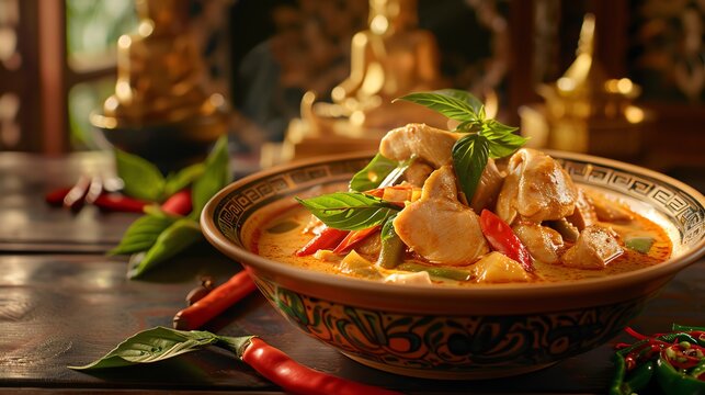 Gaeng Phed, red curry with bamboo shoots and chicken, served in a traditional bowl with a serene temple background