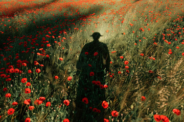 Red poppies and soldier's shadow graphic, stylized Memorial Day remembrance.
