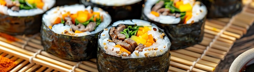 Gimbap, Korean rice rolls with vegetables and beef, served on a bamboo mat with a bustling street market scene