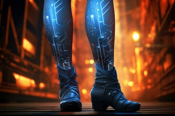 Close-up of high-tech cyborg legs with glowing blue circuit patterns in a futuristic setting
