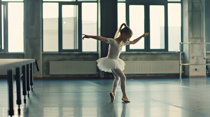 Young girl in a white tutu practicing ballet in a spacious dance studio with large windows, showcasing her grace and love for dance.