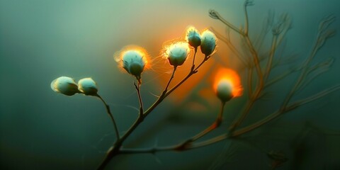 Dynamic Macro Shot of Delicate Plant Buds with Spider Webs Illuminated by Soft, Warm Sunlight in a Serene Natural Setting