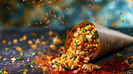 Indian bhel puri, puffed rice snack with tamarind sauce, served in a paper cone with a vibrant Indian street market backdrop