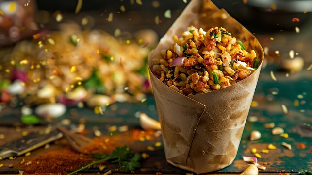 Indian bhel puri, puffed rice snack with tamarind sauce, served in a paper cone with a vibrant Indian street market backdrop