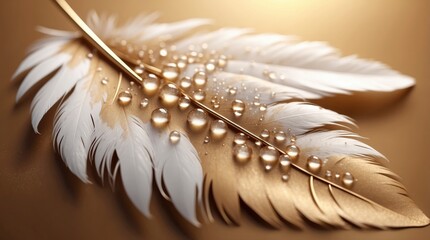 Naklejka premium Dew drops on a fluffy feather in sunlight, close-up macro with a golden brown backdrop. An airy and elegant abstract artistic image