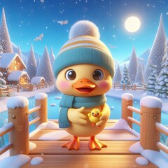 cute duck winter cartoon , 3d  Generative AI