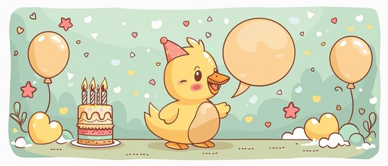 Whimsical duck with a gentle demeanor, holding a birthday cake, embodies a storybook character's joy