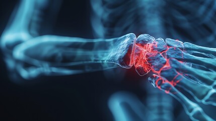 Fototapeta premium 3D illustration of a fractured wrist. The bones are shown in blue, and the fracture is shown in red.