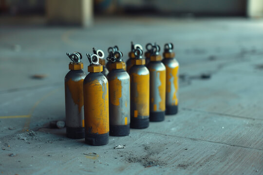 A photo captures several brand new nitrous oxide cartridges standing upright on a clean concrete floor, highlighting their sleek design and reflective surfaces