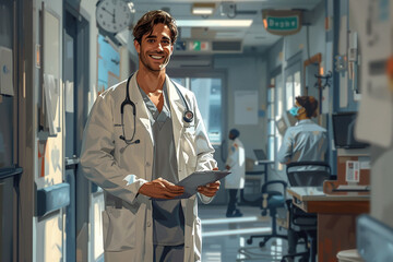 illustration of a corridor of a hospital where we see a doctor as the main imag