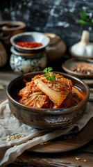 Kimchi, fermented spicy cabbage, served in a traditional ceramic bowl with a cozy Korean kitchen backdrop