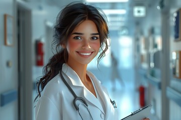 illustration of beautiful doctor with medical records in hand in hospital corridor