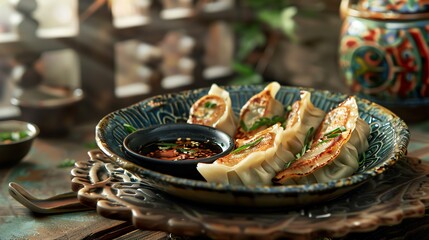 Naklejka premium Korean dumplings Mandu, steamed and served with a soy dipping sauce on a decorative plate with a traditional Korean kitchen backdrop