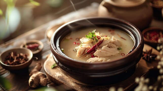 Korean chicken ginseng soup Samgyetang, served in a traditional bowl with a serene Korean countryside backdrop