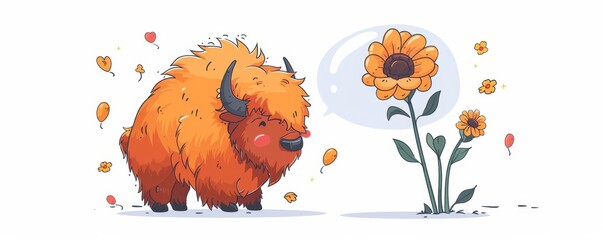 A whimsical bison exudes joy, holding a bouquet in a friendly, storybook character style