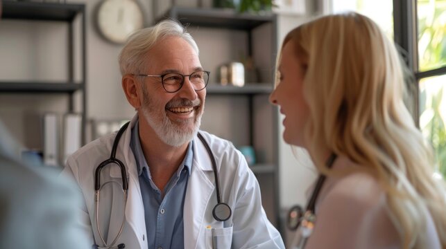 A cheerful patient nodding in agreement as the doctor explains a diagnosis with clarity and empathy in a clean clinic