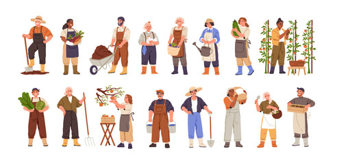 Agricultural worker set. Farmers, countryside rural characters, farming. Happy people during farm and garden works with crops, harvest, shovel. Flat vector illustrations isolated on white background