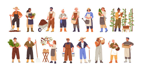 Agricultural worker set. Farmers, countryside rural characters, farming. Happy people during farm and garden works with crops, harvest, shovel. Flat vector illustrations isolated on white background © Good Studio