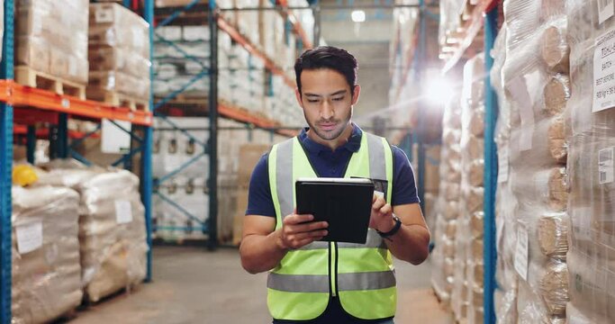 Asian man, inventory and logistics factory with tablet for counting goods, supply chain and stock control or tracking. Person, digital tech and online for asset management, inspection and lens flare.