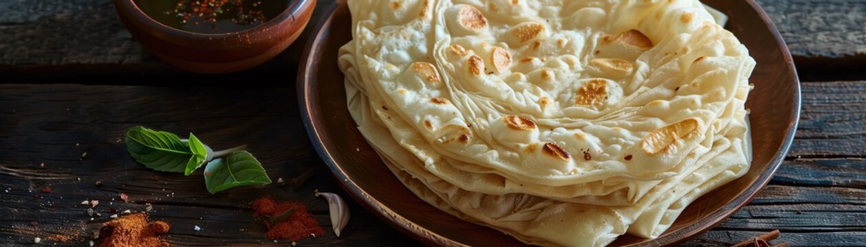 Malabar parotta, flaky layered bread, served on a rustic plate with a coastal Kerala village backdrop
