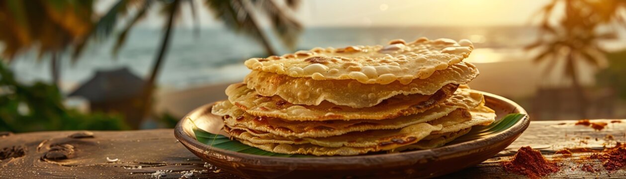 Malabar parotta, flaky layered bread, served on a rustic plate with a coastal Kerala village backdrop