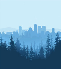 a city at dawn, surrounded by nature