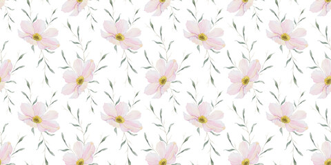 Print of pink and white Cosmea flowers. Cosmos bipinnatus. Hand drawn watercolor seamless pattern of Mexican aster. Summer floral background for wedding design, textiles, wrapping paper, scrapbooking