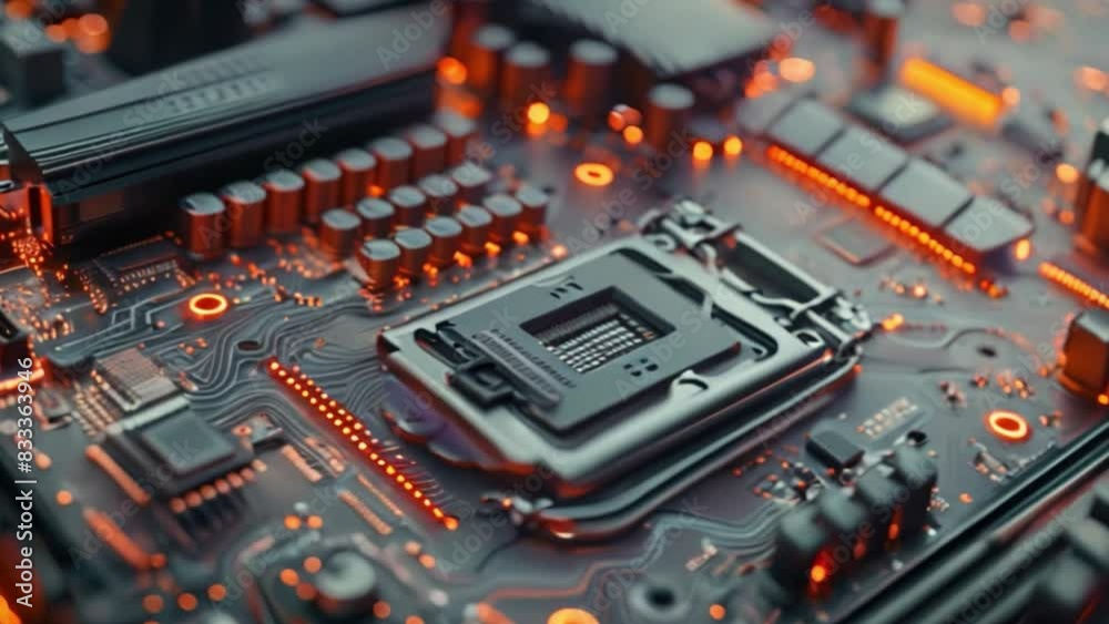 Poster This Detailed close up of a computer motherboard showing various components and circuits.