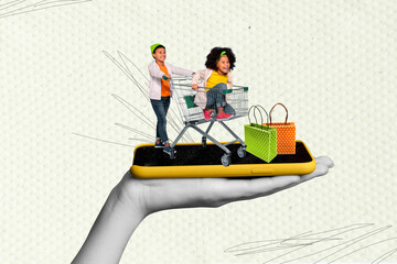 Composite collage image of funny little kids hand hold telephone eshop shopping cart trolley bizarre unusual fantasy billboard