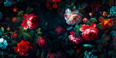 Dynamic Vibrant Floral Pattern with Lush Roses and Foliage in a Dark, Dramatic Background for Elegant and Luxurious Design