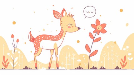 Simple flat color line style of whimsical gazelle with a friendly and gentle demeanor, making joyful faces and holding a flower, in the style of a storybook character