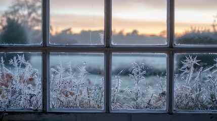 Fototapeta premium The delicate pattern of frost on the windowpane sparkled in the morning light, transforming the ordinary into something magical.