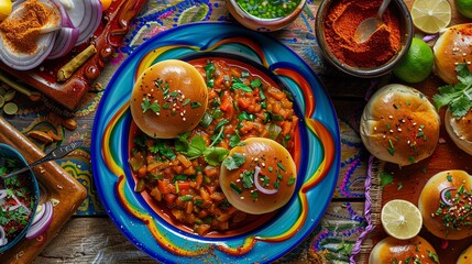 Fototapeta premium Pav bhaji, spiced vegetable mash served with buttered bread rolls, on a colorful plate with a busy Mumbai street food scene