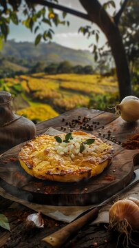 Paraguayan sopa paraguaya, a cornbread with cheese and onions, served on a rustic wooden board with a lush Paraguayan landscape backdrop