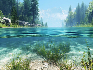 Piękny, zachwycający widok na górskie jezioro wśród lasów. Woda jeziora lazurowa,...