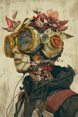 Surreal portrait of a person with a gas mask adorned with flowers and mechanical elements, blending nature with technology