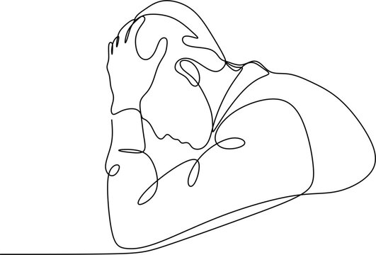 recommend clip art: Line drawing of young man depressed, sad emotional turmoil, loss, grief, life problems, confusion, disordered feelings and worry about poor mental health.
