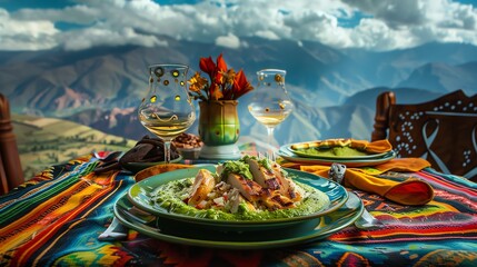 Peruvian tallarines verdes with green pesto sauce and grilled chicken, served on a colorful ceramic plate with a view of the Andean mountains