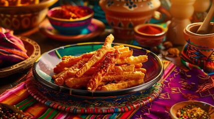 Peruvian yuquitas fritas, fried cassava sticks, served with a spicy huancaina sauce, on a colorful table setting with Andean textiles and pottery