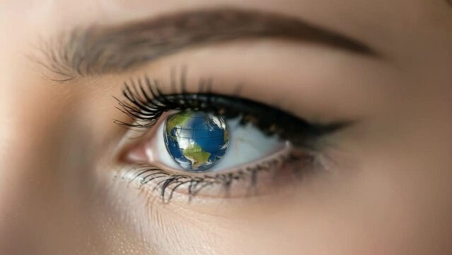 Close up of a woman eye reflecting a Earth globe rotating, representing environment awareness and global connectivity and diversity, world inside her eye, 4k