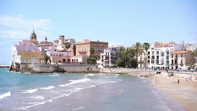 Sitges, Spain - view of the old town and beach
