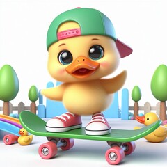 cute duck playing skateboard cartoon , 3d Generative AI