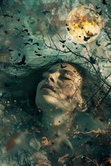 Surreal portrait of a woman submerged in ethereal imagery, with birds, branches, and a textured full moon, conveying a dreamlike state of idleness and reflection
