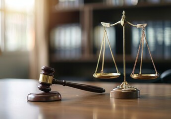 A judge's gavel sits on a wooden table next to a scale