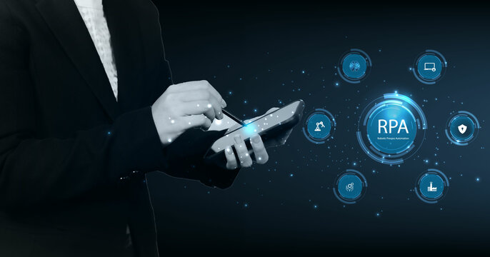 Robotic process automation (RPA ) concept. Business machines technology with support factory service provider industry 4.0 with precision machines for more efficient productivity.
