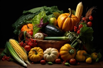 Vibrant autumn harvest cornucopia filled with an abundance of seasonal produce, including pumpkins, squash, and a variety of vegetables, displayed in a rustic wicker basket